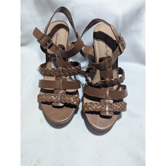 American Eagle By Payless Shoes - American Eagle Womens Strappy Sling Back Sandals Size 7 Chunky Heal Tan Y2K